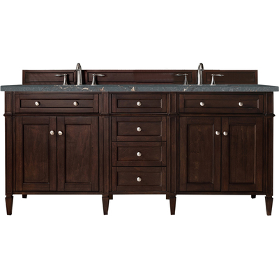 James Martin Brittany 72 inch Double Vanity, Burnished Mahogany w/ 3 CM Parisien Bleu Quartz Top, 840108968334, 650-V72-BNM-3PBL