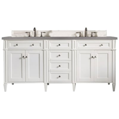 James Martin Bathroom Vanities, Double Sink Vanities, 70-90, Transitional, White, With Top and Sink, Bright White, Transitional, Grey Expo Quartz, Yellow Poplar, Plywood Panels, Vanity, 840108918322, 650-V72-BW-3GEX