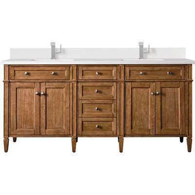 James Martin Brittany 72 inch Double Vanity, Saddle Brown w/ Single Hole 3 CM White Zeus Quartz Top & Backsplash, 840108977206, 650-V72-SBR-1WZ