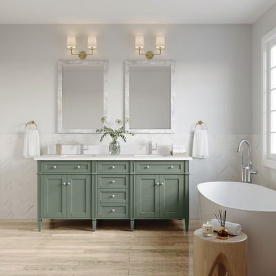 James Martin Brittany 72 inch Double Vanity, Smokey Celadon w/ Single Hole 3 CM White Zeus Top & Backsplash, 840108977213, 650-V72-SC-1WZ