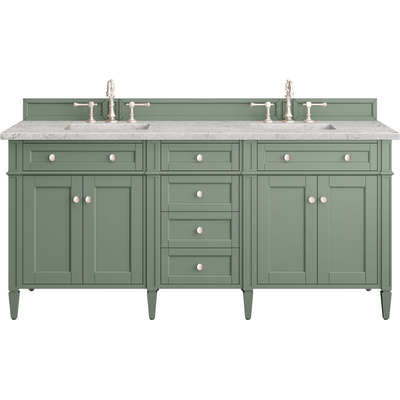 James Martin Brittany 72 inch Double Vanity, Smokey Celadon w/ 3 CM Eternal Jasmine Pearl Top w/FreePower Wireless Charger, 840467812514, 650-V72-SC-FEJP