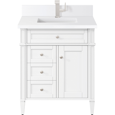 James Martin Brittany 30 inch Single Vanity, Bright White, w/ Single Hole 3 CM White Zeus Quartz Top & Backsplash, 840108977329, 655-V30-BW-1WZ