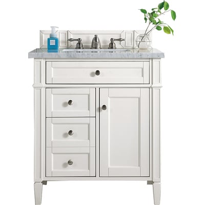 James Martin Brittany 30 inch Single Vanity, Bright White w/ 3 CM Arctic Fall Solid Surface Top, 840108962752, 655-V30-BW-3AF