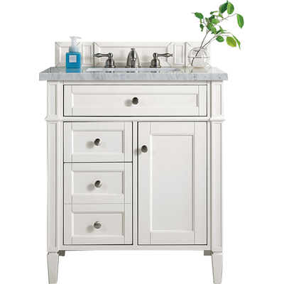 James Martin Brittany 30 inch Single Vanity, Bright White w/ 3 CM Carrara Marble Top, 840108962769, 655-V30-BW-3CAR