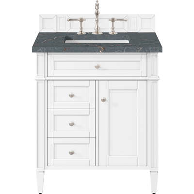 James Martin Brittany 30 inch Single Vanity, Bright White, w/ 3 CM Parisien Bleu Quartz Top, 840108977954, 655-V30-BW-3PBL