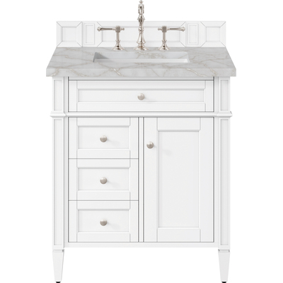 James Martin Brittany 30 inch Single Vanity, Bright White, w/ 3 CM Victorian Silver Quartz Top, 840108977961, 655-V30-BW-3VSL