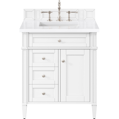 James Martin Brittany 30 inch Single Vanity, Bright White, w/ 3 CM White Zeus Quartz Top, 840108962820, 655-V30-BW-3WZ