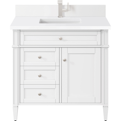 James Martin Brittany 36 inch Single Vanity, Bright White w/ Single Hole 3 CM White Zeus Quartz Top & Backsplash, 840108977336, 655-V36-BW-1WZ