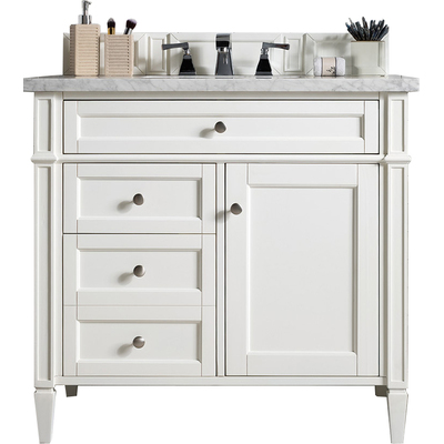 James Martin Brittany 36 inch Single Vanity, Bright White w/ 3 CM Carrara Marble Top, 840108962844, 655-V36-BW-3CAR
