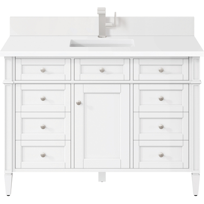 James Martin Brittany 48 inch Single Vanity, Bright White w/ Single Hole 3 CM White Zeus Quartz Top & Backsplash, 840108977343, 655-V48-BW-1WZ