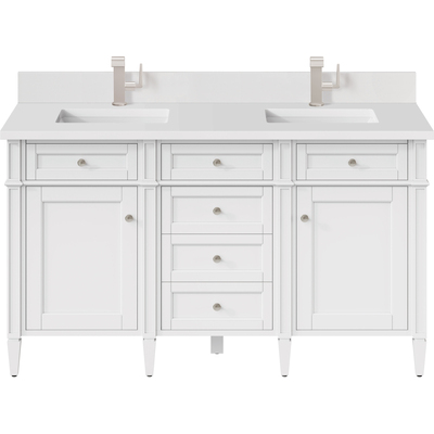James Martin Brittany 60 inch Double Vanity, Bright White Vanity w/ Single Hole 3 CM White Zeus Quartz Top & Backsplash, 840108977350, 655-V60D-BW-1WZ
