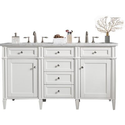 James Martin Brittany 60 inch Double Vanity, Bright White Vanity w/ 3 CM Carrara Marble Top, 840108963001, 655-V60D-BW-3CAR