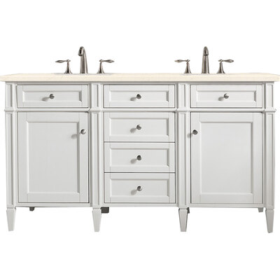 James Martin Brittany 60 inch Double Vanity, Bright White Vanity w/ 3 CM Eternal Marfil Quartz Top, 840108963032, 655-V60D-BW-3EMR