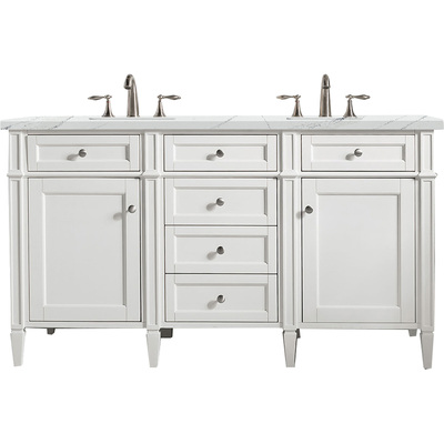 James Martin Brittany 60 inch Double Vanity, Bright White Vanity w/ 3 CM Ethereal Noctis Quartz Top, 840108963049, 655-V60D-BW-3ENC
