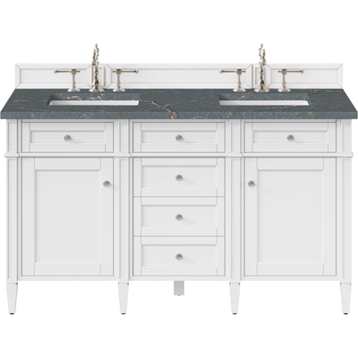 James Martin Brittany 60 inch Double Vanity, Bright White Vanity w/ 3 CM Parisien Bleu Quartz Top, 840108978043, 655-V60D-BW-3PBL