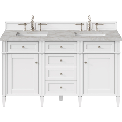 James Martin Brittany 60 inch Double Vanity, Bright White Vanity w/ 3 CM Victorian Silver Quartz Top, 840108978050, 655-V60D-BW-3VSL