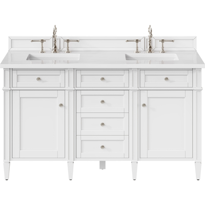 James Martin Brittany 60 inch Double Vanity, Bright White Vanity w/ 3 CM White Zeus Quartz Top, 840108963063, 655-V60D-BW-3WZ