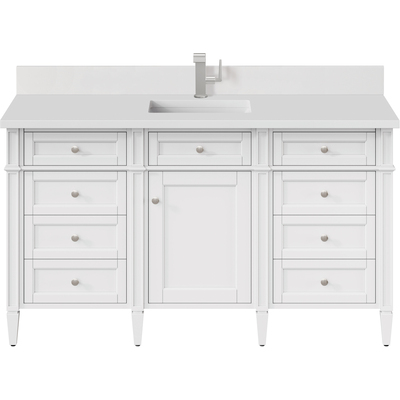 James Martin Brittany 60 inch Single Vanity, Bright White w/ Single Hole 3 CM White Zeus Quartz Top & Backsplash, 840108977367, 655-V60S-BW-1WZ