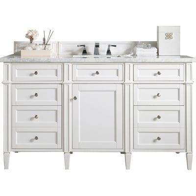 James Martin Brittany 60 inch Single Vanity, Bright White w/ 3 CM Arctic Fall Solid Surface Top, 840108963070, 655-V60S-BW-3AF