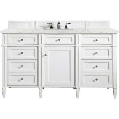 James Martin Brittany 60 inch Single Vanity, Bright White w/ 3 CM Eternal Jasmine Pearl Quartz Top, 840108963100, 655-V60S-BW-3EJP