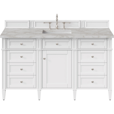 James Martin Brittany 60 inch Single Vanity, Bright White w/ 3 CM Victorian Silver Quartz Top, 840108978081, 655-V60S-BW-3VSL