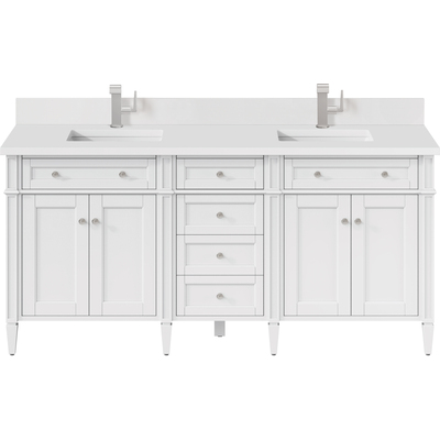 James Martin Brittany 72 inch Double Vanity, Bright White Vanity w/ Single Hole 3 CM White Zeus Quartz Top & Backsplash, 840108977374, 655-V72-BW-1WZ