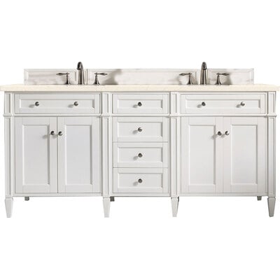 James Martin Brittany 72 inch Double Vanity, Bright White Vanity w/ 3 CM Eternal Marfil Quartz Top, 840108963193, 655-V72-BW-3EMR