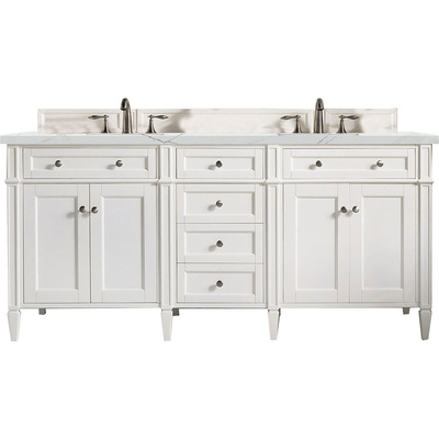 James Martin Brittany 72 inch Double Vanity, Bright White Vanity w/ 3 CM Ethereal Noctis Quartz Top, 840108963209, 655-V72-BW-3ENC