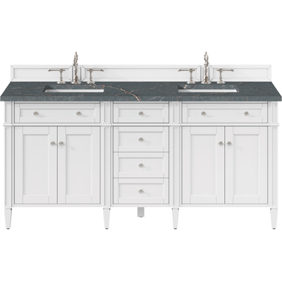 James Martin Brittany 72 inch Double Vanity, Bright White Vanity w/ 3 CM Parisien Bleu Quartz Top, 840108978104, 655-V72-BW-3PBL