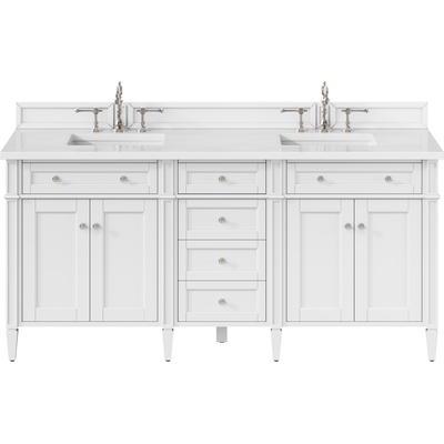 James Martin Brittany 72 inch Double Vanity, Bright White Vanity w/ 3 CM White Zeus Quartz Top, 840108963223, 655-V72-BW-3WZ