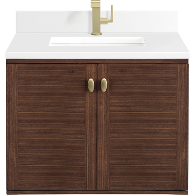 James Martin Amberly 30 inch Single Vanity, Mid-Century Walnut w/ Single Hole 3 CM White Zeus Top & Backsplash, 840108975714, 670-V30-WLT-1WZ