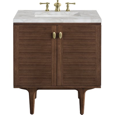 James Martin Amberly 30 inch Single Vanity, Mid-Century Walnut w/ 3 CM Victorian Silver Top, 840108966811, 670-V30-WLT-3VSL
