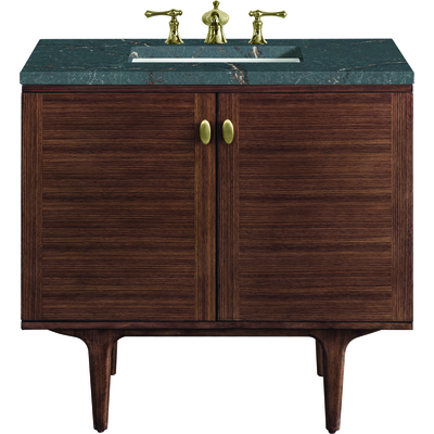 James Martin Amberly 36 inch Single Vanity, Mid-Century Walnut w/ 3 CM Parisien Bleu Top, 840108968389, 670-V36-WLT-3PBL