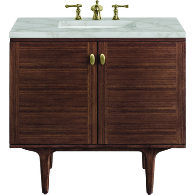 James Martin Amberly 36 inch Single Vanity, Mid-Century Walnut w/ 3 CM Victorian Silver Top, 840108966828, 670-V36-WLT-3VSL