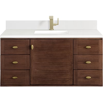 James Martin Amberly 48 inch Single Vanity, Mid-Century Walnut w/ Single Hole 3 CM White Zeus Top & Backsplash, 840108976414, 670-V48-WLT-1WZ