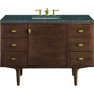 James Martin Amberly 48 inch Single Vanity, Mid-Century Walnut w/ 3 CM Parisien Bleu Top, 840108968396, 670-V48-WLT-3PBL