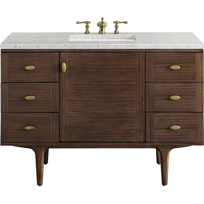 James Martin Amberly 48 inch Single Vanity, Mid-Century Walnut w/ 3 CM Eternal Jasmine Pearl Top w/FreePower Wireless Charger, 840467812774, 670-V48-WLT-FEJP