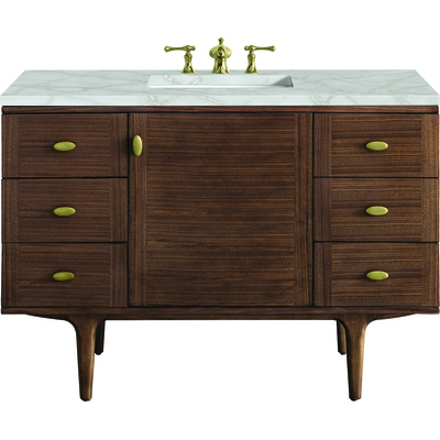 James Martin Amberly 48 inch Single Vanity, Mid-Century Walnut w/ 3 CM Victorian Silver Top w/FreePower Wireless Charger, 840467812804, 670-V48-WLT-FVSL