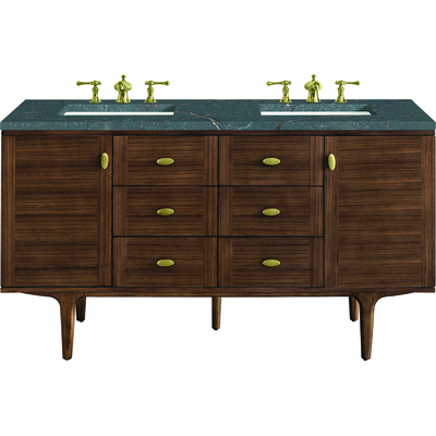 James Martin Amberly 60 inch Double Vanity, Mid-Century Walnut w/ 3 CM Parisien Bleu Top, 840108968402, 670-V60D-WLT-3PBL