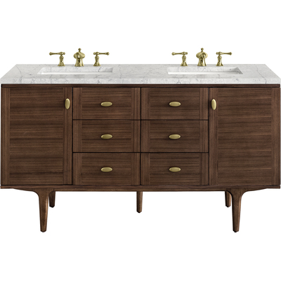 James Martin Amberly 60 inch Double Vanity, Mid-Century Walnut w/ 3 CM Eternal Jasmine Pearl Top w/FreePower Wireless Charger, 840467812811, 670-V60D-WLT-FEJP