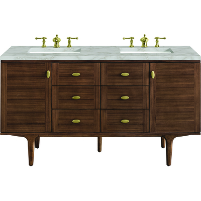 James Martin Amberly 60 inch Double Vanity, Mid-Century Walnut w/ 3 CM Victorian Silver Top w/FreePower Wireless Charger, 840467812842, 670-V60D-WLT-FVSL