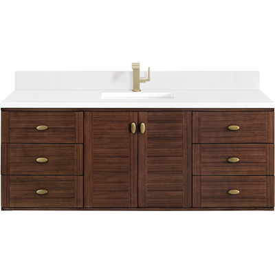 James Martin Amberly 60 inch Single Vanity, Mid-Century Walnut w/ Single Hole 3 CM White Zeus Top & Backsplash, 840108976940, 670-V60S-WLT-1WZ