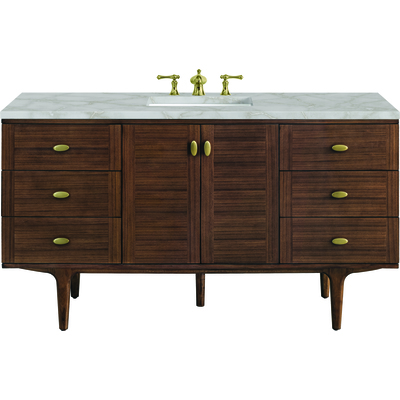James Martin Amberly 60 inch Single Vanity, Mid-Century Walnut w/ 3 CM Victorian Silver Top, 840108966859, 670-V60S-WLT-3VSL