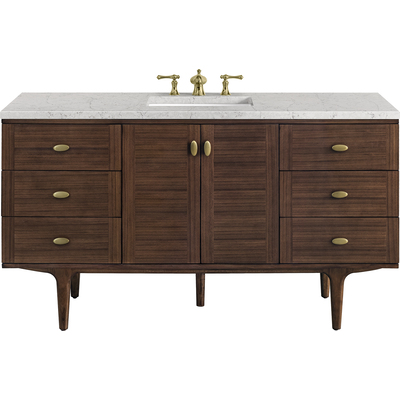 James Martin Amberly 60 inch Single Vanity, Mid-Century Walnut w/ 3 CM Eternal Jasmine Pearl Top w/FreePower Wireless Charger, 840467812859, 670-V60S-WLT-FEJP