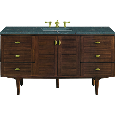 James Martin Amberly 60 inch Single Vanity, Mid-Century Walnut w/ 3 CM Parisien Bleu Top w/FreePower Wireless Charger, 840467812873, 670-V60S-WLT-FPBL