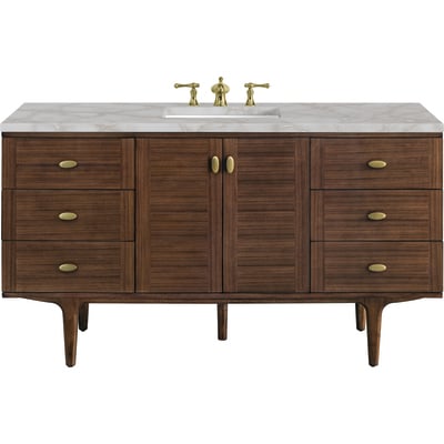James Martin Amberly 60 inch Single Vanity, Mid-Century Walnut w/ 3 CM Victorian Silver Top w/FreePower Wireless Charger, 840467812880, 670-V60S-WLT-FVSL