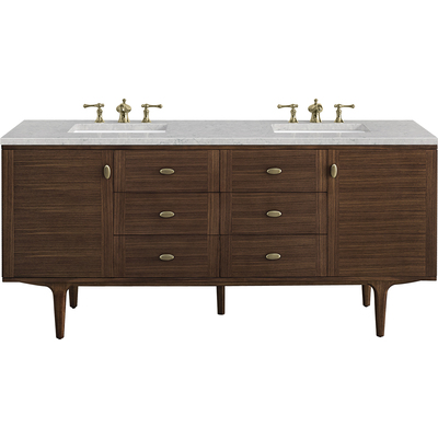 James Martin Amberly 72 inch Double Vanity, Mid-Century Walnut w/ 3 CM Eternal Jasmine Pearl Top w/FreePower Wireless Charger, 840467812897, 670-V72-WLT-FEJP