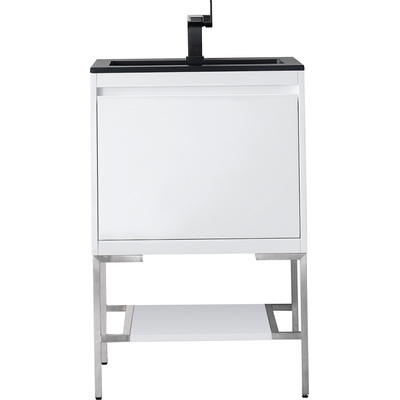 James Martin Mantova 23.6 inch Single Vanity, Glossy White, Brushed Nickel Base w/ Charcoal Black Composite Stone Top, 840108961977, 805-V23.6-GW-BN-CH