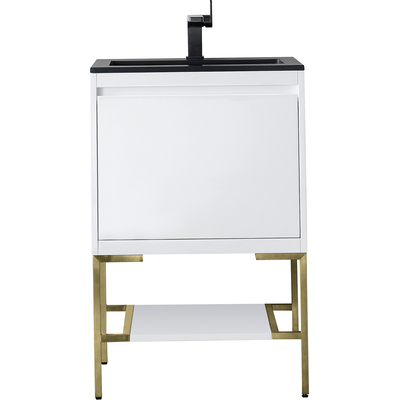 James Martin Mantova 23.6 inch Single Vanity, Glossy White, Champagne Brass Base w/ Charcoal Black Composite Stone Top, 840108962035, 805-V23.6-GW-CB-CH