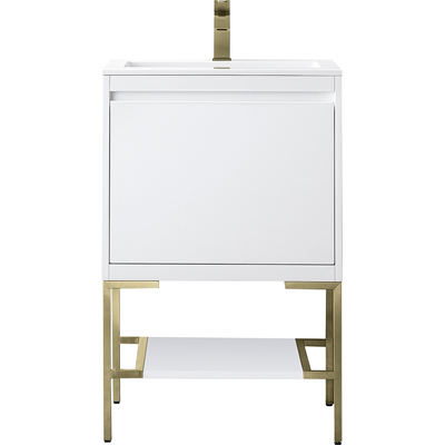 James Martin Mantova 23.6 inch Single Vanity, Glossy White, Champagne Brass Base w/ Glossy White Composite Stone Top, 840108962042, 805-V23.6-GW-CB-GW